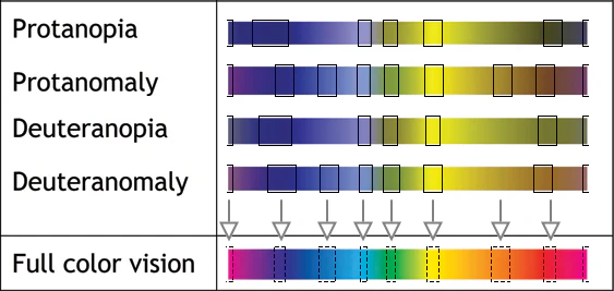 A similar table, but with rectangles around pieces of the spectrums that look like individual colors to me. Most of them roughly align from one spectrum to the next.