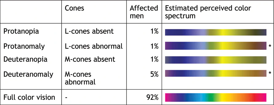 A table with rainbow spectrums, one per row, that differ with type of color vision deficiency.