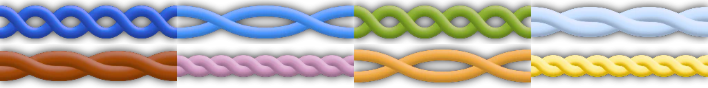 The same threads, but purple looks dark blue; red looks warm brown; and green, cyan, magenta, orange, and yellow are faded.