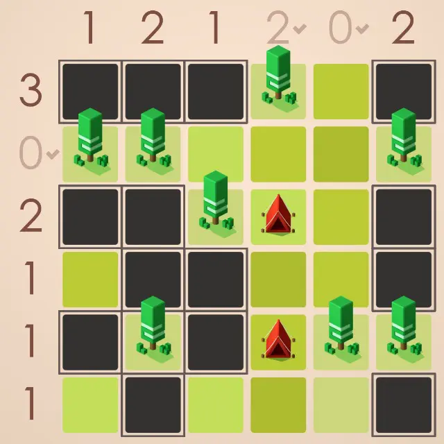 A grid with some squares black and some green. Some of the green squares have a tent on them, others a tree, and others nothing.