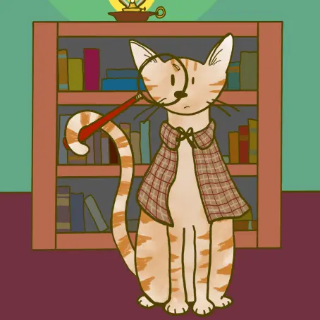 An illustration of a cat with a magnifying glass and a plaid cloak.