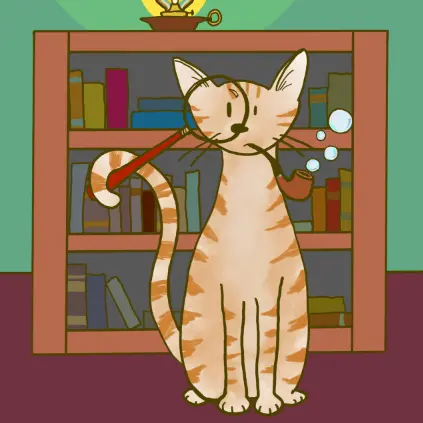 An illustration of a cat with a magnifying glass and a toy pipe blowing soap bubbles.