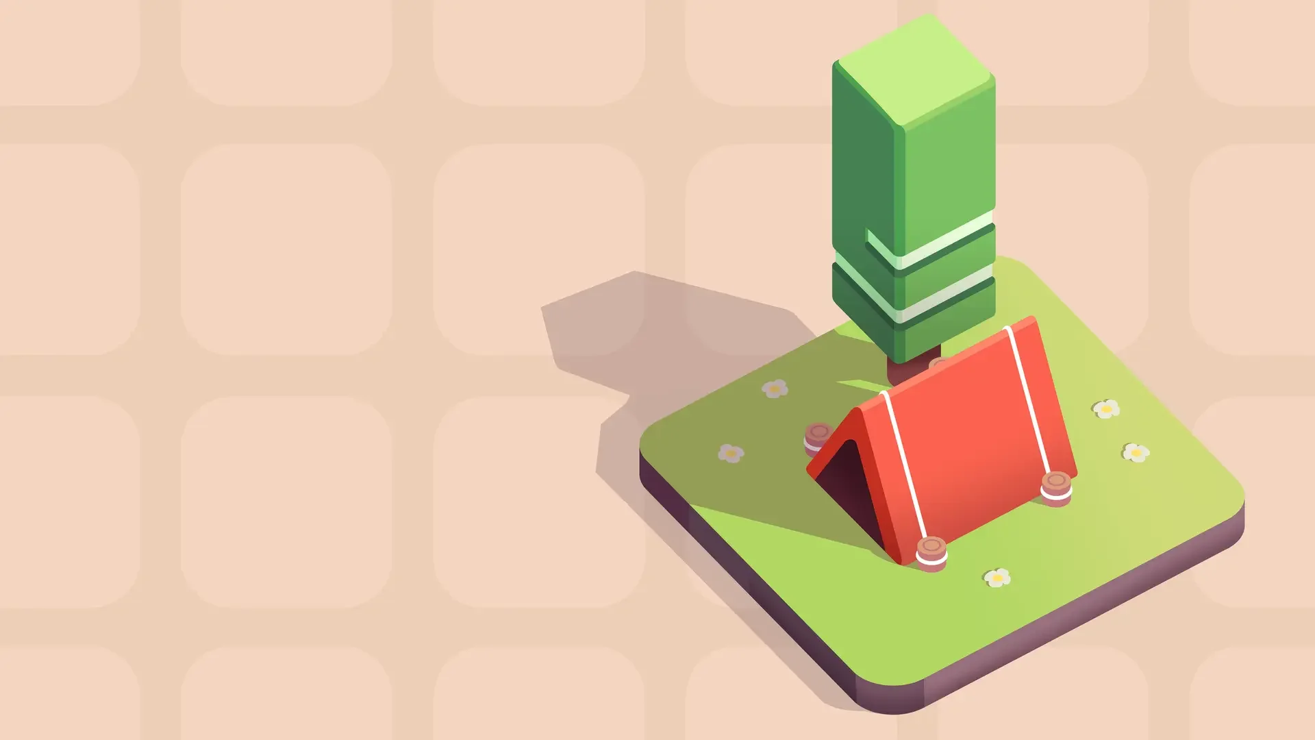 A low-poly image of a red camping tent in front of a rectangular pine tree.